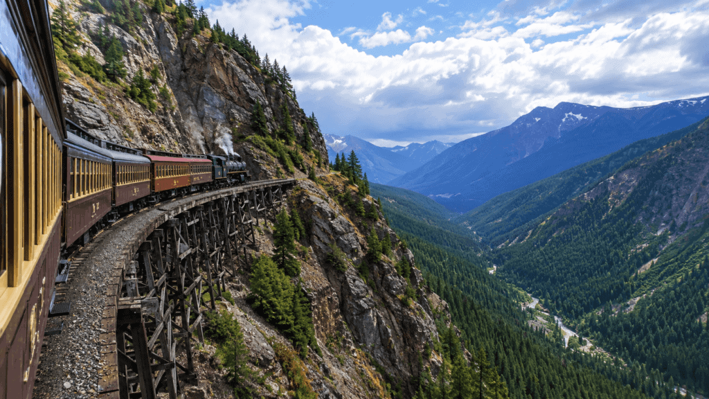 White Pass and Yukon Route Railroad train on mountain trestle in Skagway Alaska