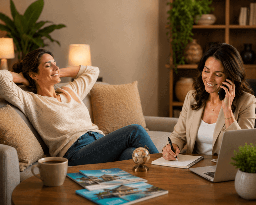 Travel advisor on the phone helping a client plan an international vacation