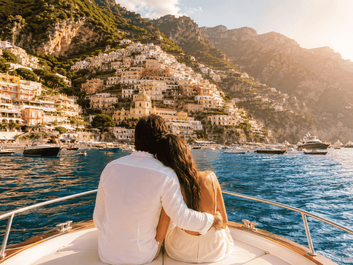 Colorful villages of the Amalfi Coast viewed from the water, a top destination for 10th anniversary trips