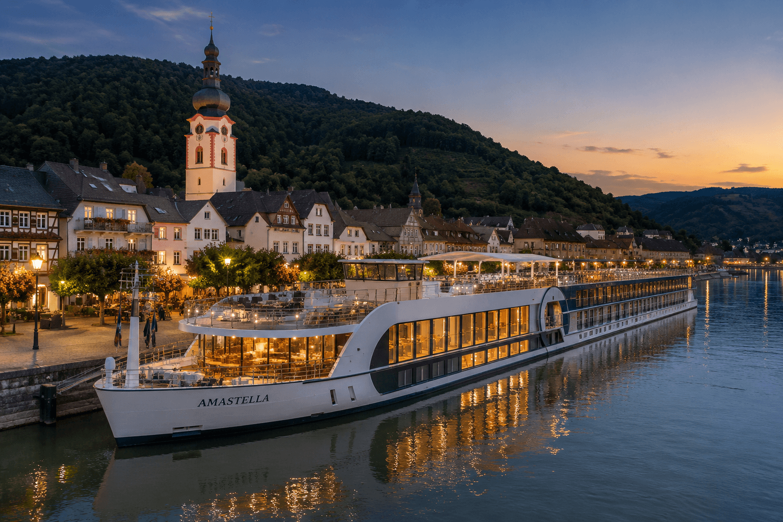 Luxury river cruise ship docked along a scenic European village riverbank at dusk