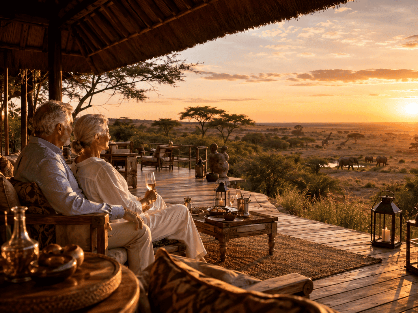 Elegant safari lodge deck overlooking the African savanna at golden hour, perfect for a 50th anniversary vacation
