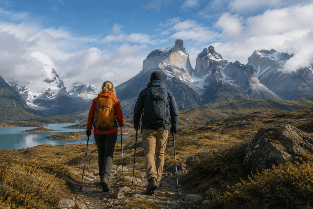 Adventure couple hiking toward dramatic mountain peaks on their honeymoon, surrounded by rugged wilderness scenery