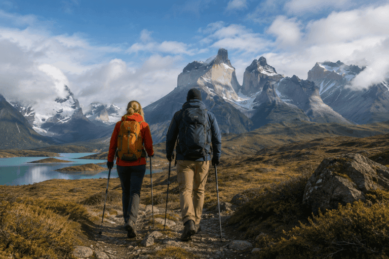 Adventure couple hiking toward dramatic mountain peaks on their honeymoon, surrounded by rugged wilderness scenery