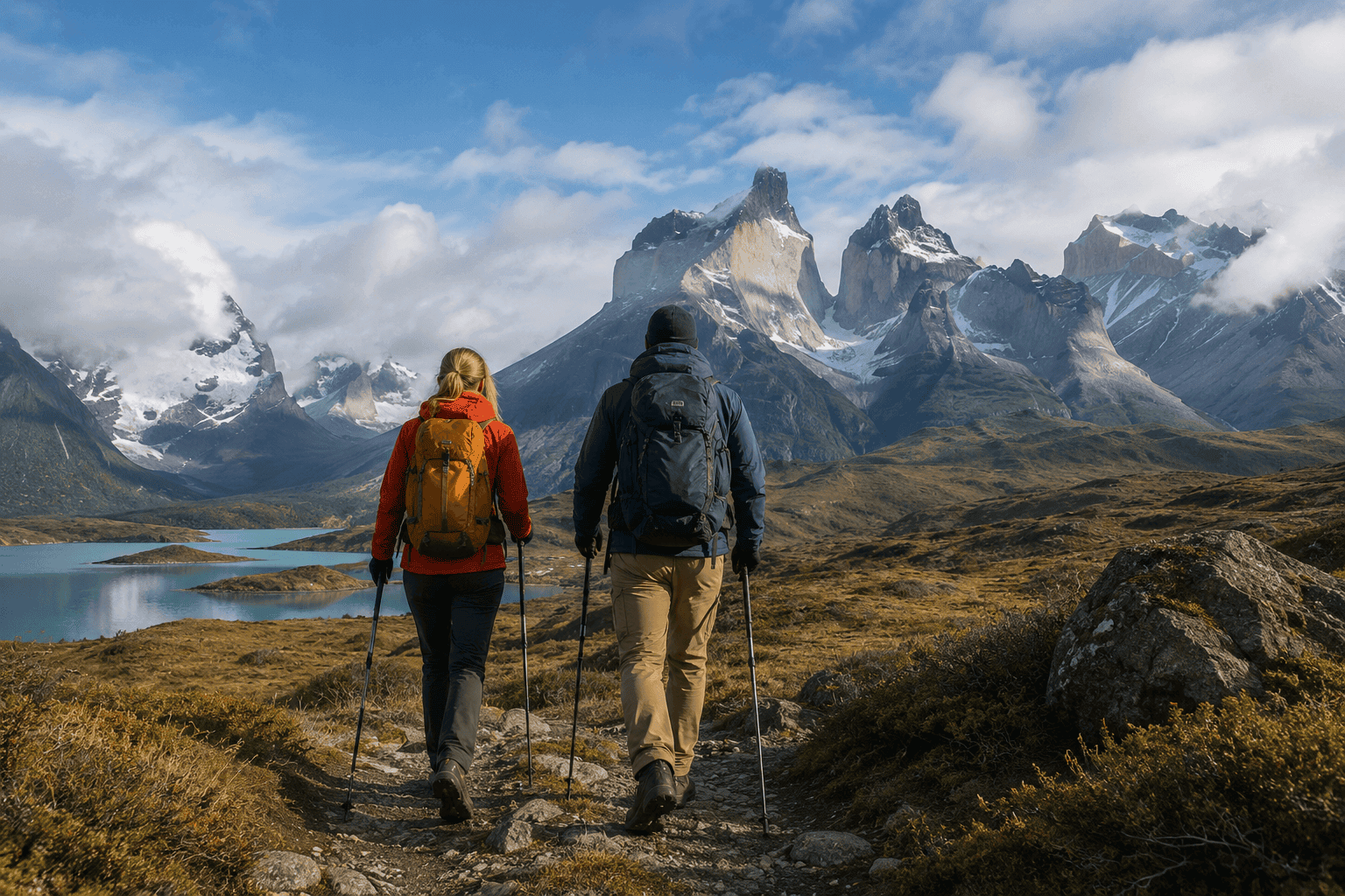 Adventure couple hiking toward dramatic mountain peaks on their honeymoon, surrounded by rugged wilderness scenery