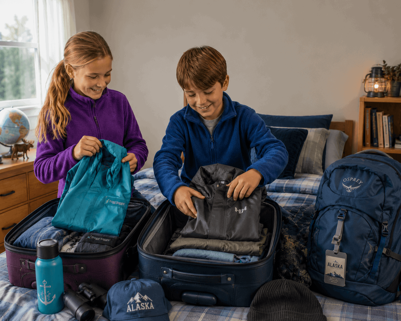 Kids packing waterproof rain jackets and gear for Alaska cruise trip