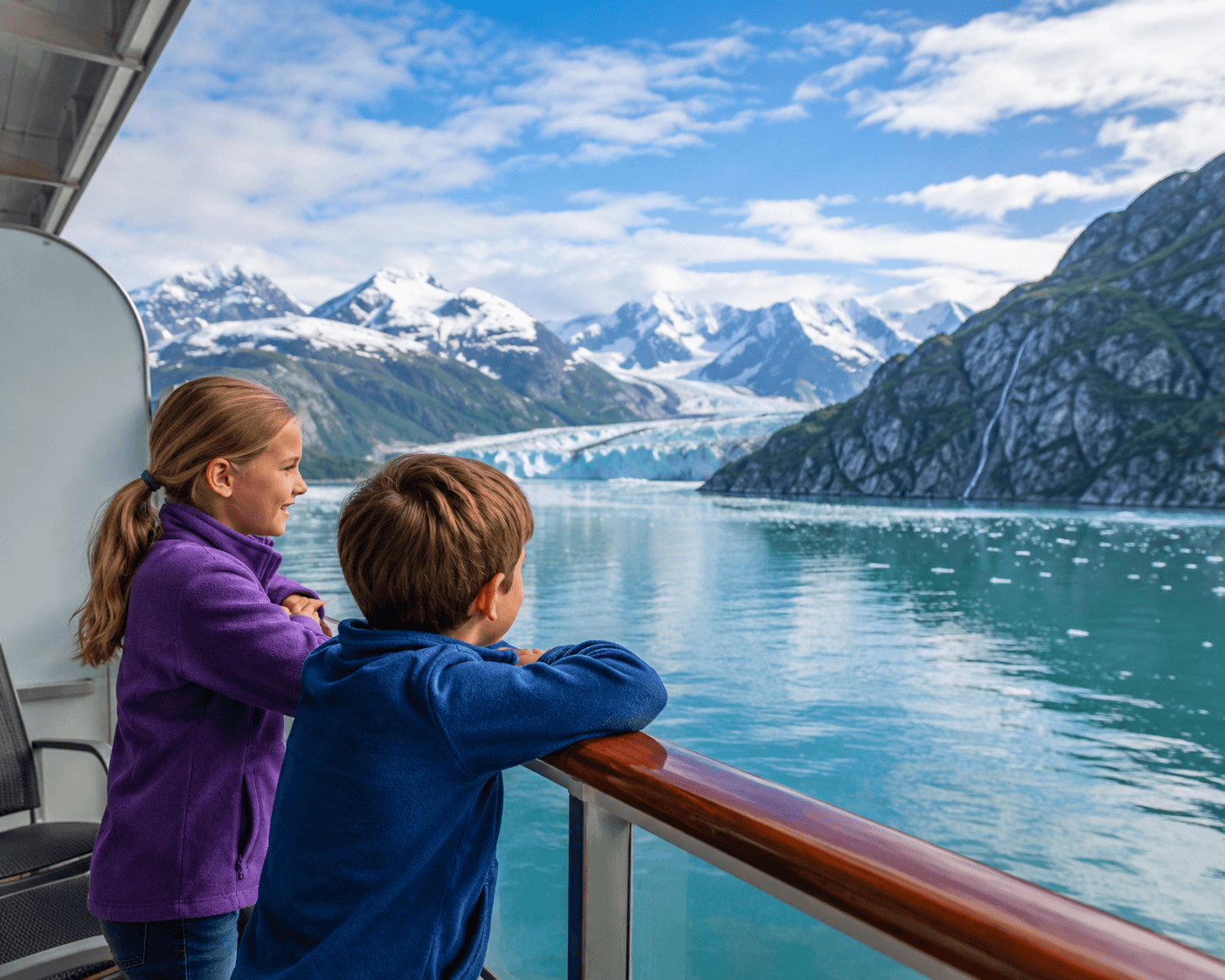 Kids watching Alaska scenery from cruise ship balcony deck