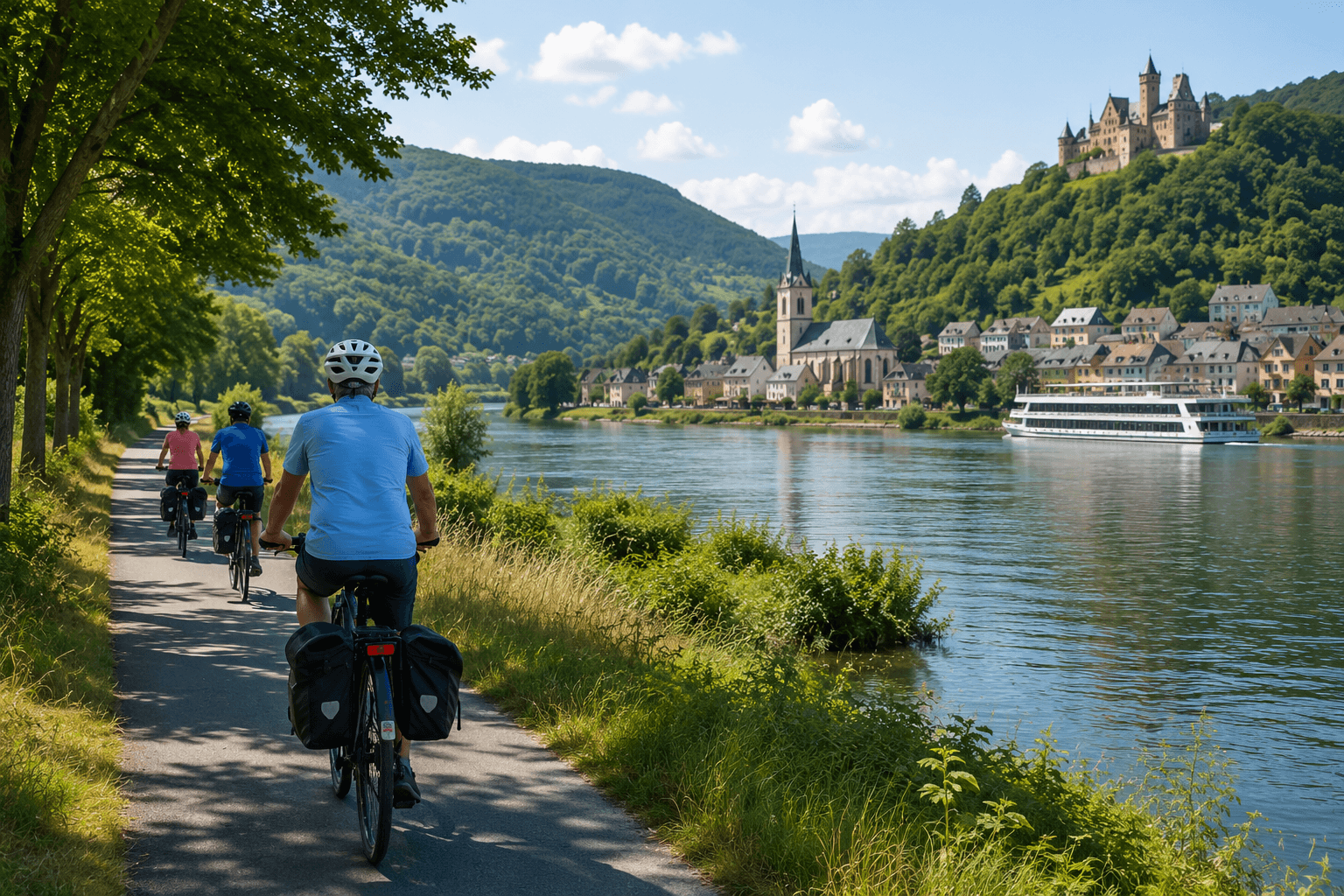 AmaWaterways passengers cycling along a European river towpath on an active excursion.