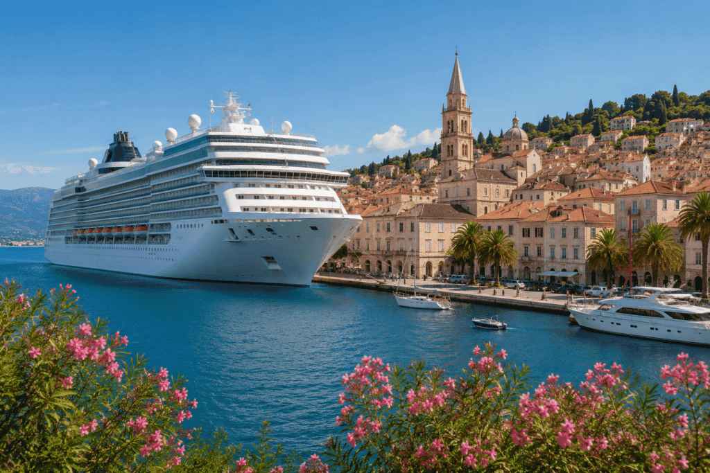 Cruise ship docked in a Mediterranean port with blue water and historic buildings in the background