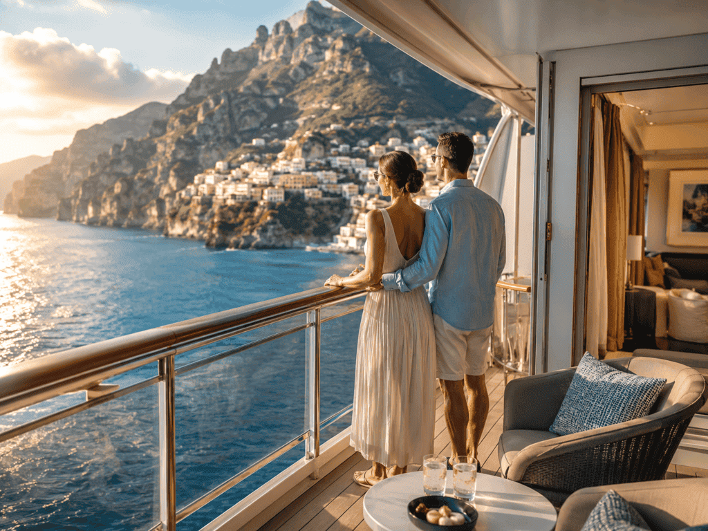 Couple on a cruise ship balcony overlooking a scenic destination, representing the premium cabins available to early bookers