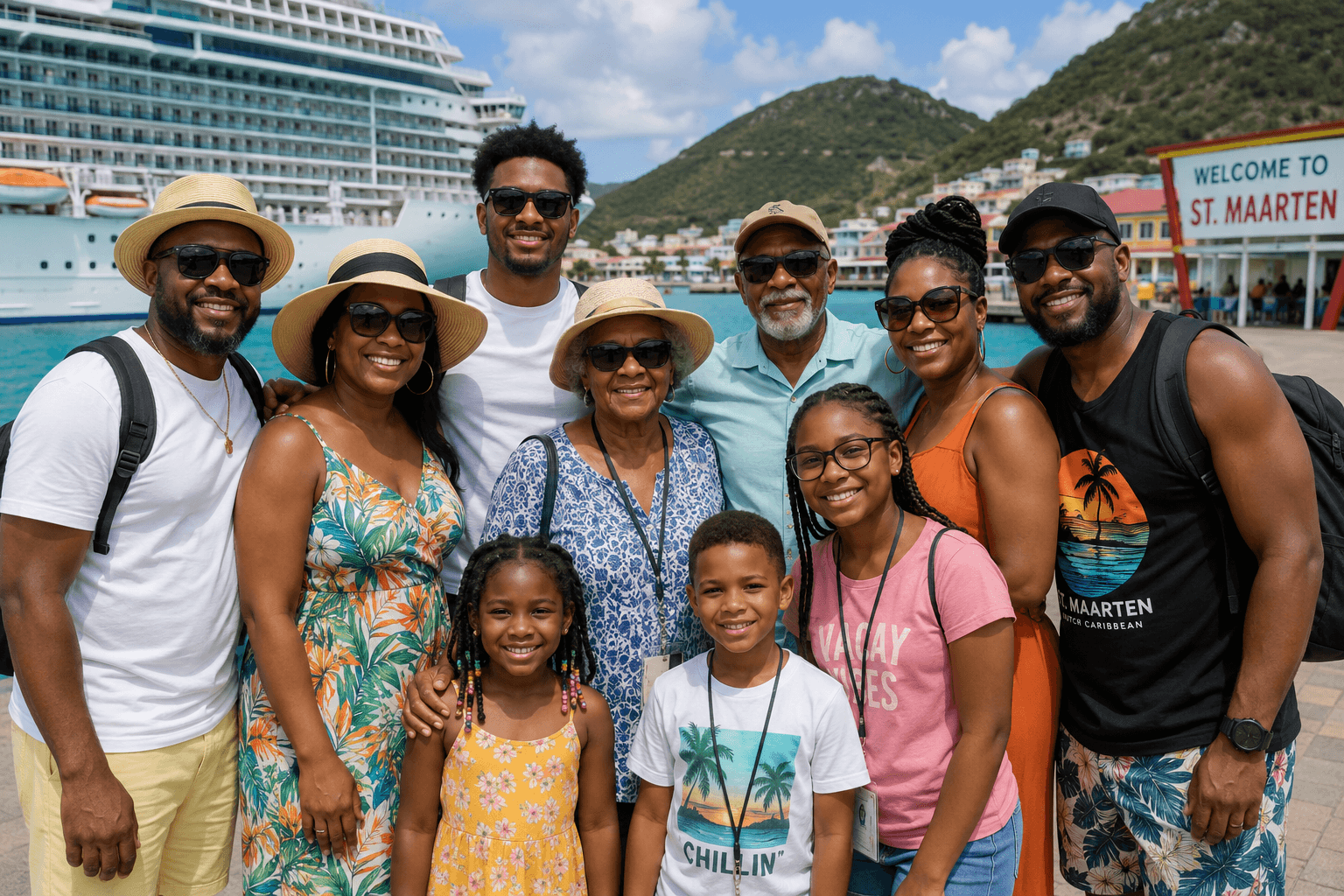 Multigenerational family group at a Caribbean port with grandparents, parents, and kids