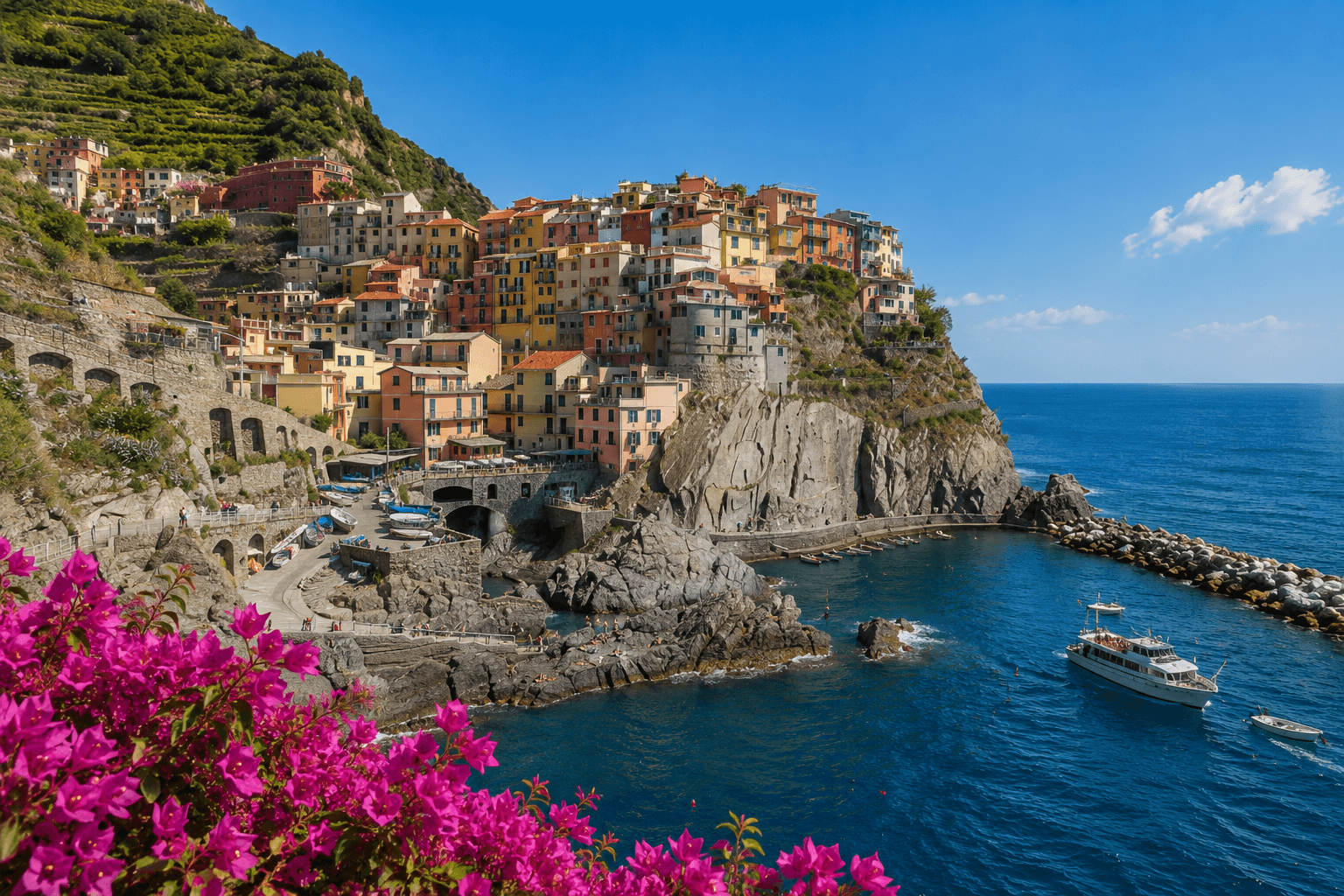 Colorful villages of Cinque Terre clinging to cliffs above the Ligurian Sea, accessible from La Spezia cruise port