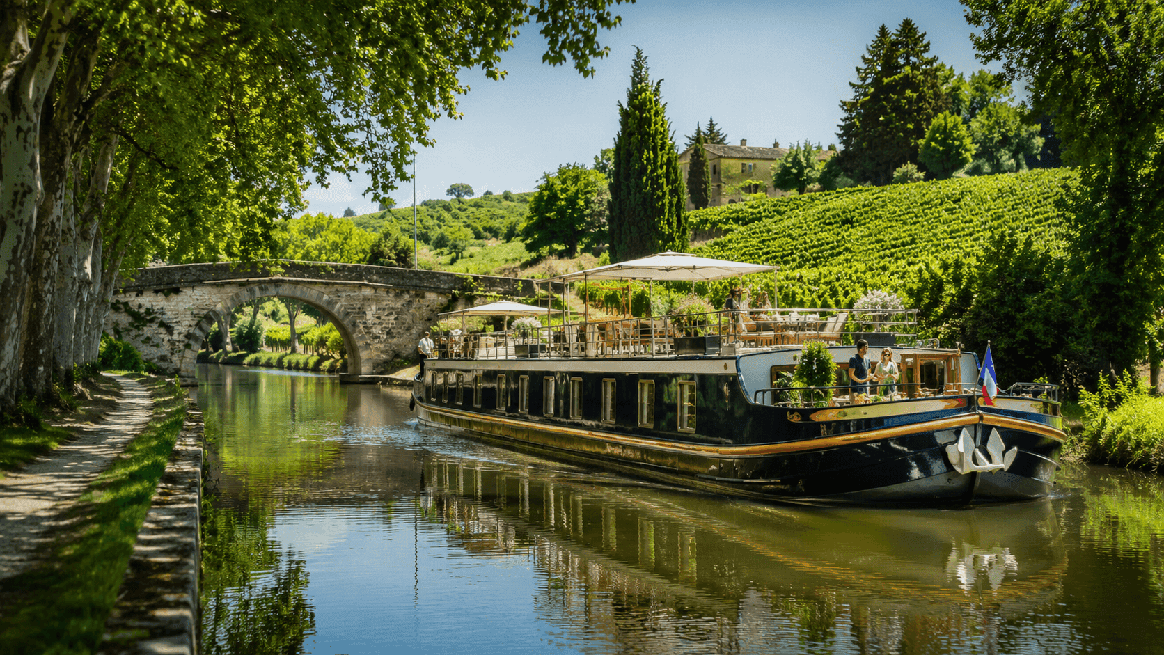 A luxury hotel barge cruising through a French canal surrounded by vineyards in Burgundy