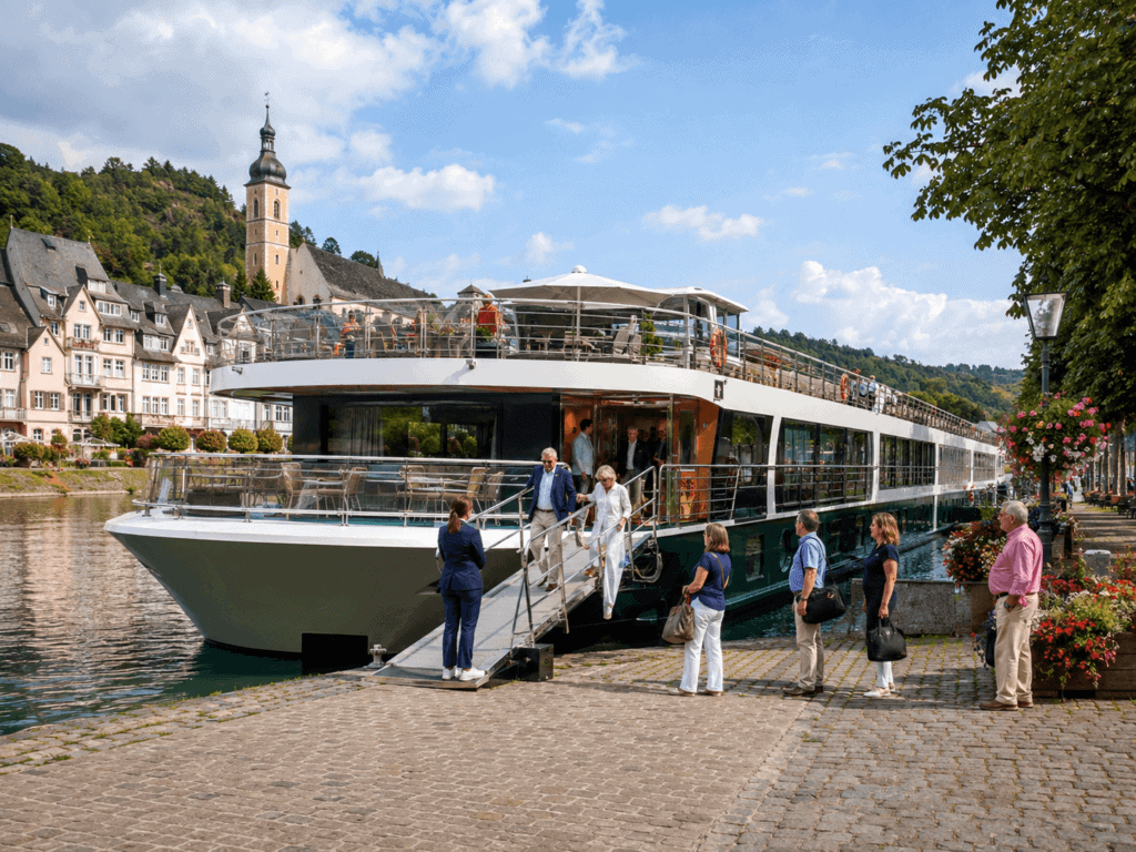 Passengers boarding a river cruise excursion in a European port city in 2026.