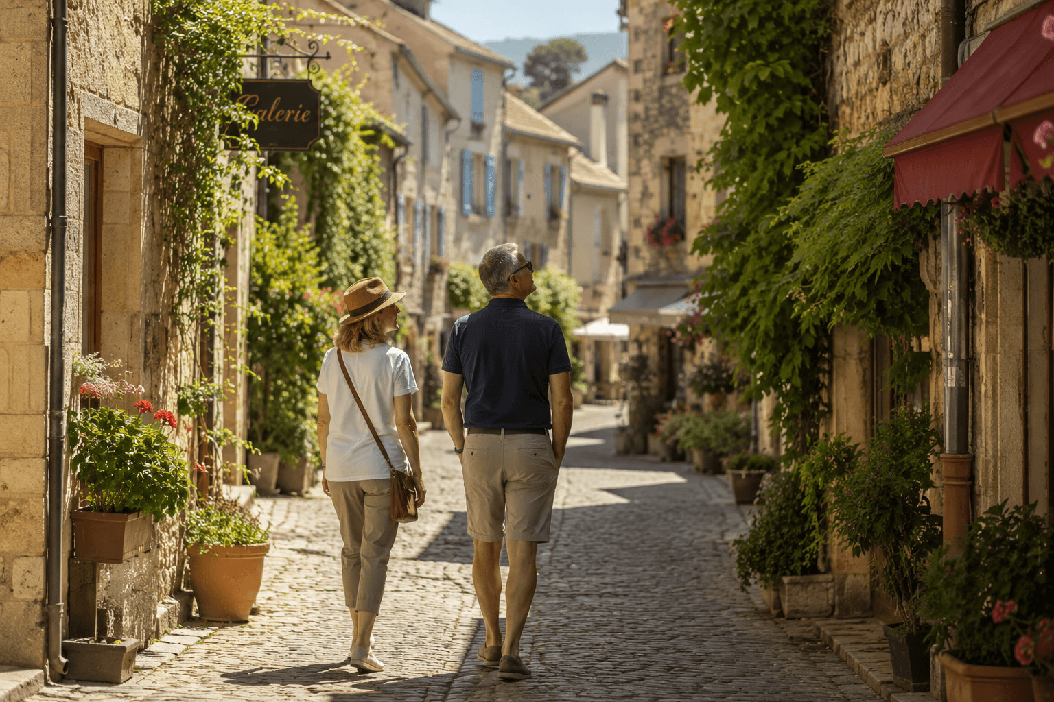 Couple exploring a European village independently during a river cruise port stop.