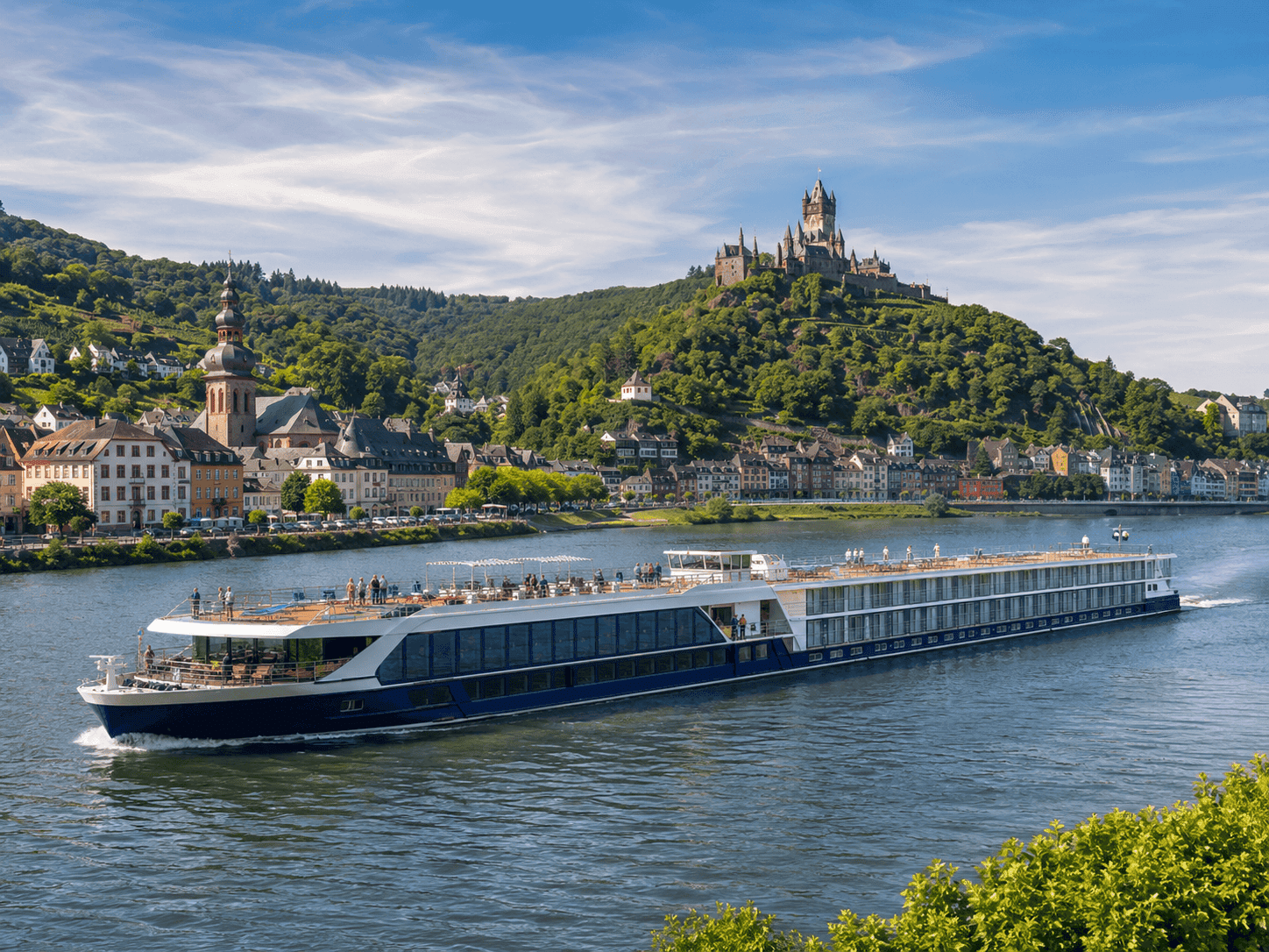 A European river cruise ship sailing along the Rhine with a medieval castle on the hills