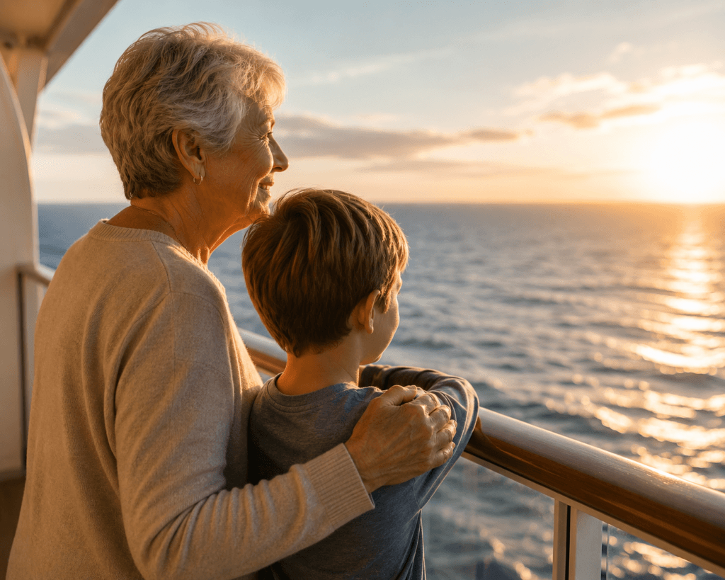 Grandparent and grandchild sharing a moment on a cruise ship balcony on a multigenerational family trip