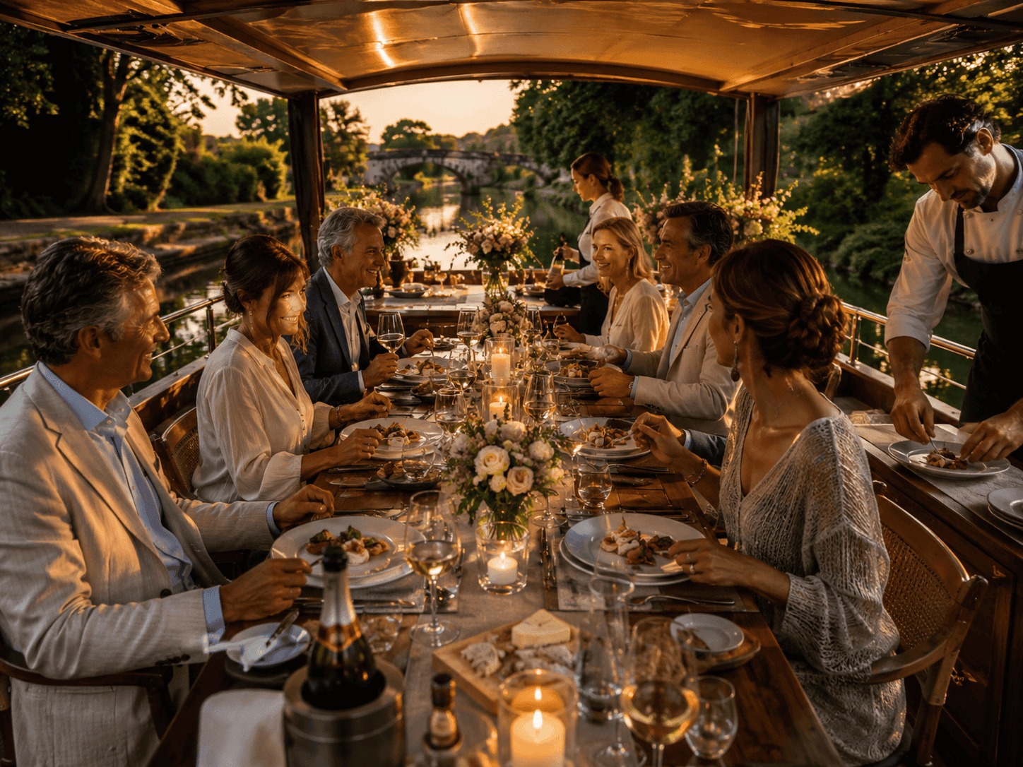 An elegantly set dinner table aboard a European hotel barge with regional French wines and fresh cuisine