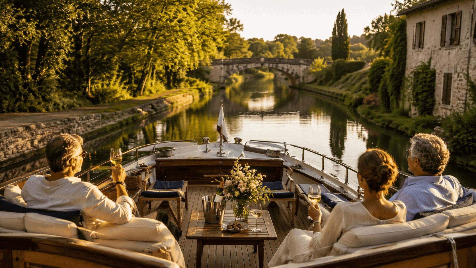 Guests relaxing on the sun deck of a European hotel barge on a quiet French canal