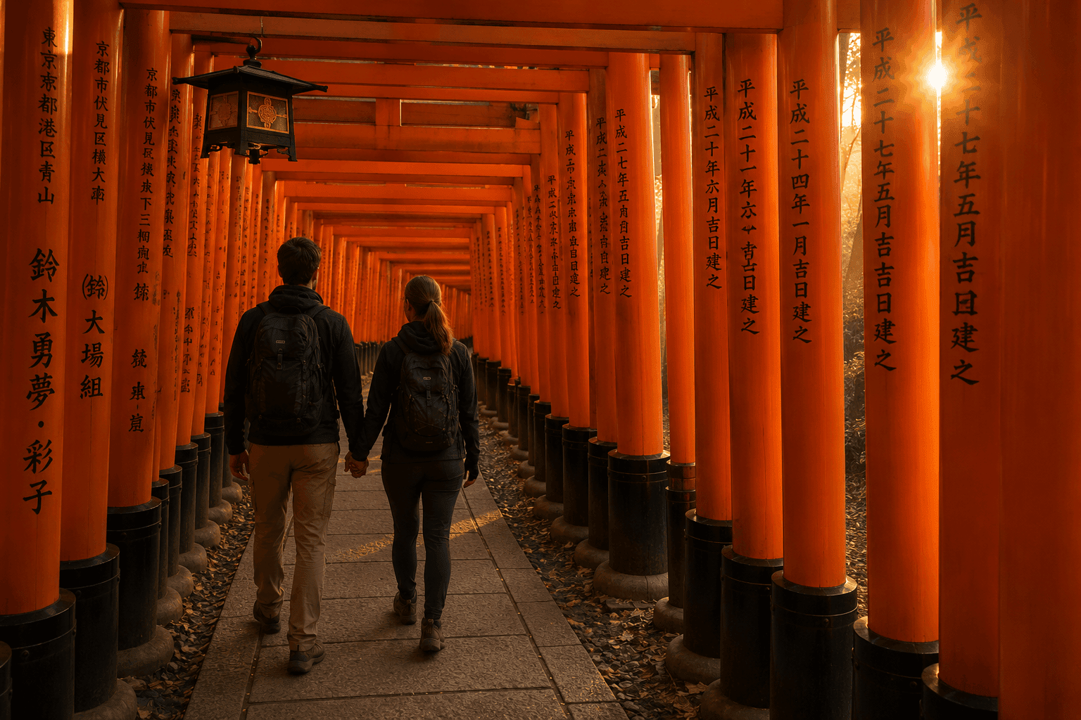 Couple walking the Kumano Kodo pilgrimage trail through ancient cedar forest in Japan, a unique non-beach honeymoon option