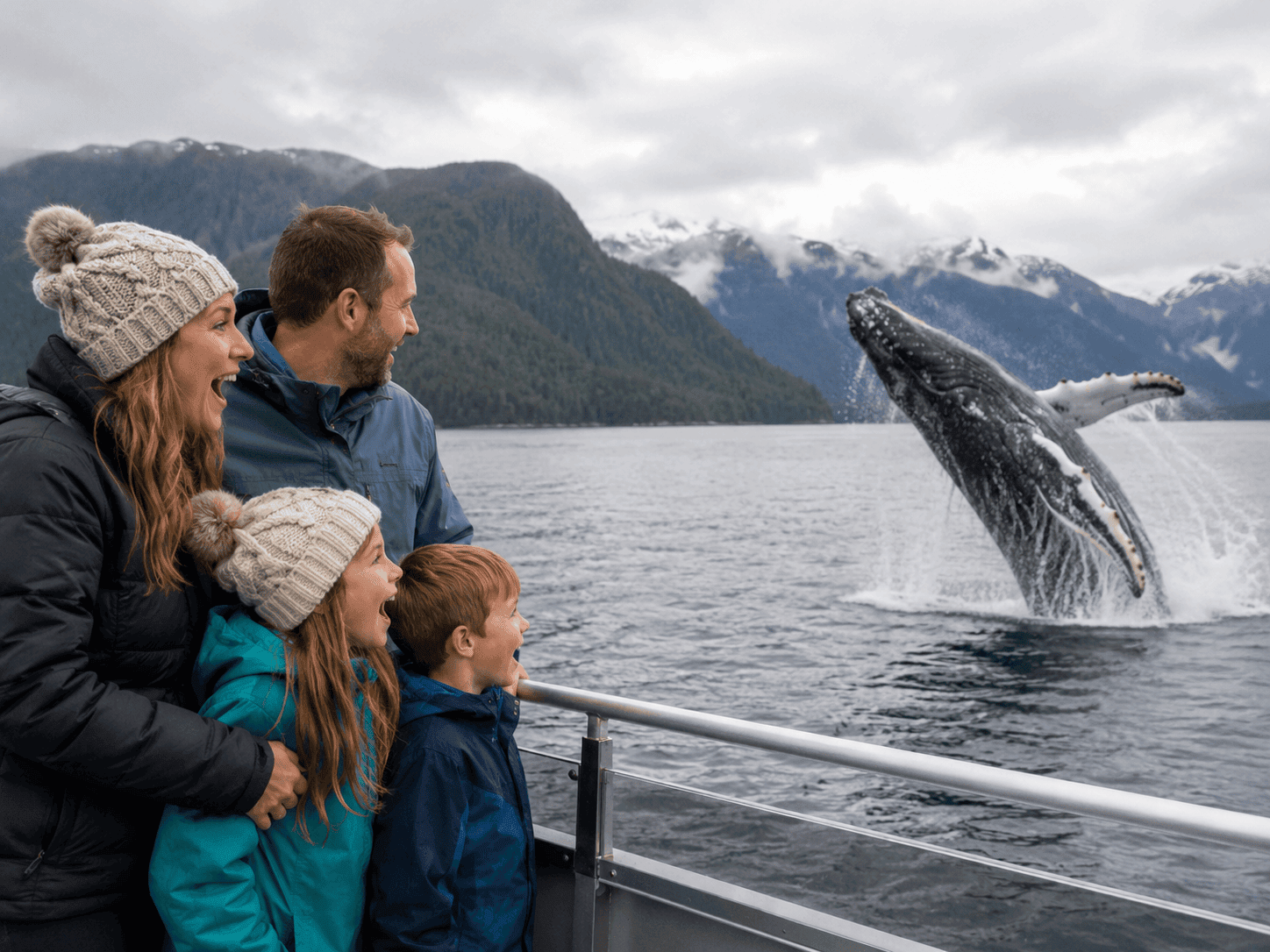 Family watching humpback whale breach near Juneau Alaska on cruise excursion