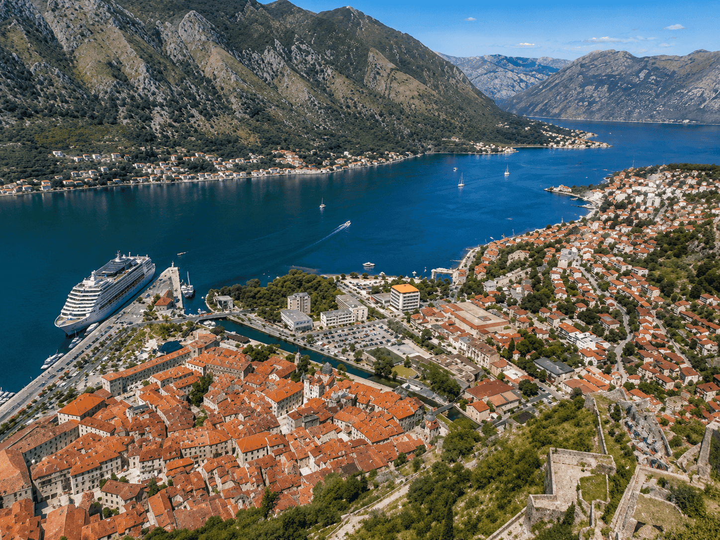 Aerial view of Kotor's medieval walled city and the Bay of Kotor, Montenegro, as seen from a cruise port