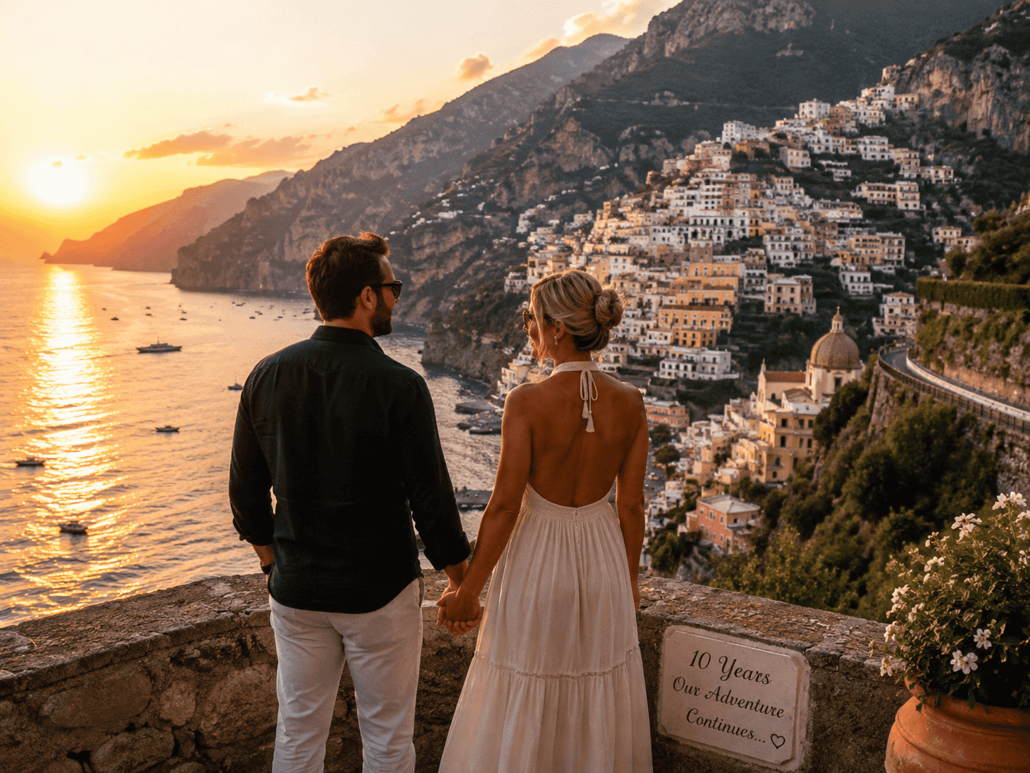 Best Milestone Anniversary Trips for 2026-2027 (10th, 25th, 50th — How to Mark It Right) Couple holding hands on a cliffside overlooking the Amalfi Coast at sunset, celebrating a milestone anniversary trip