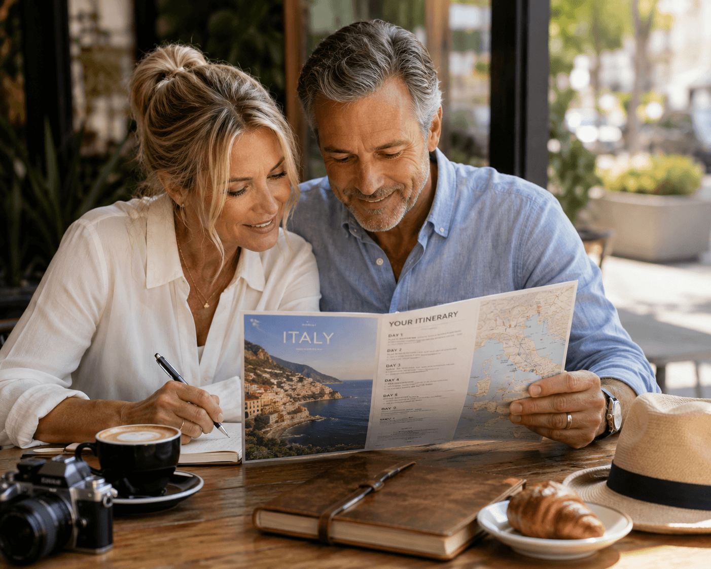 Couple reviewing a travel itinerary together at a cafe while planning a milestone anniversary trip