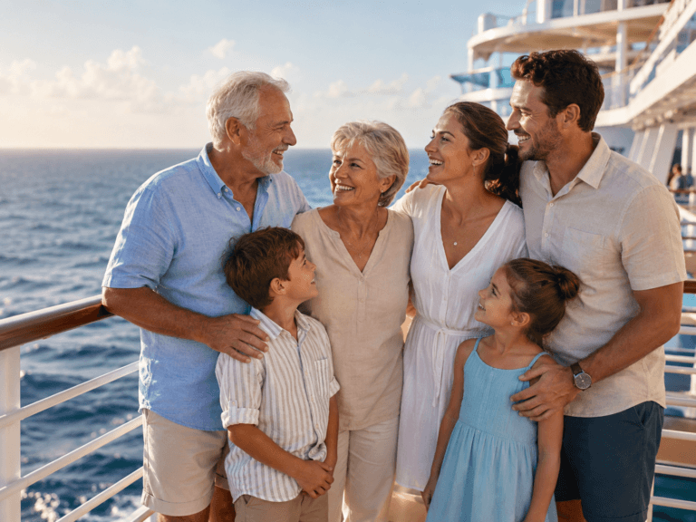 Three-generation family on a cruise ship deck enjoying a multigenerational vacation in 2026