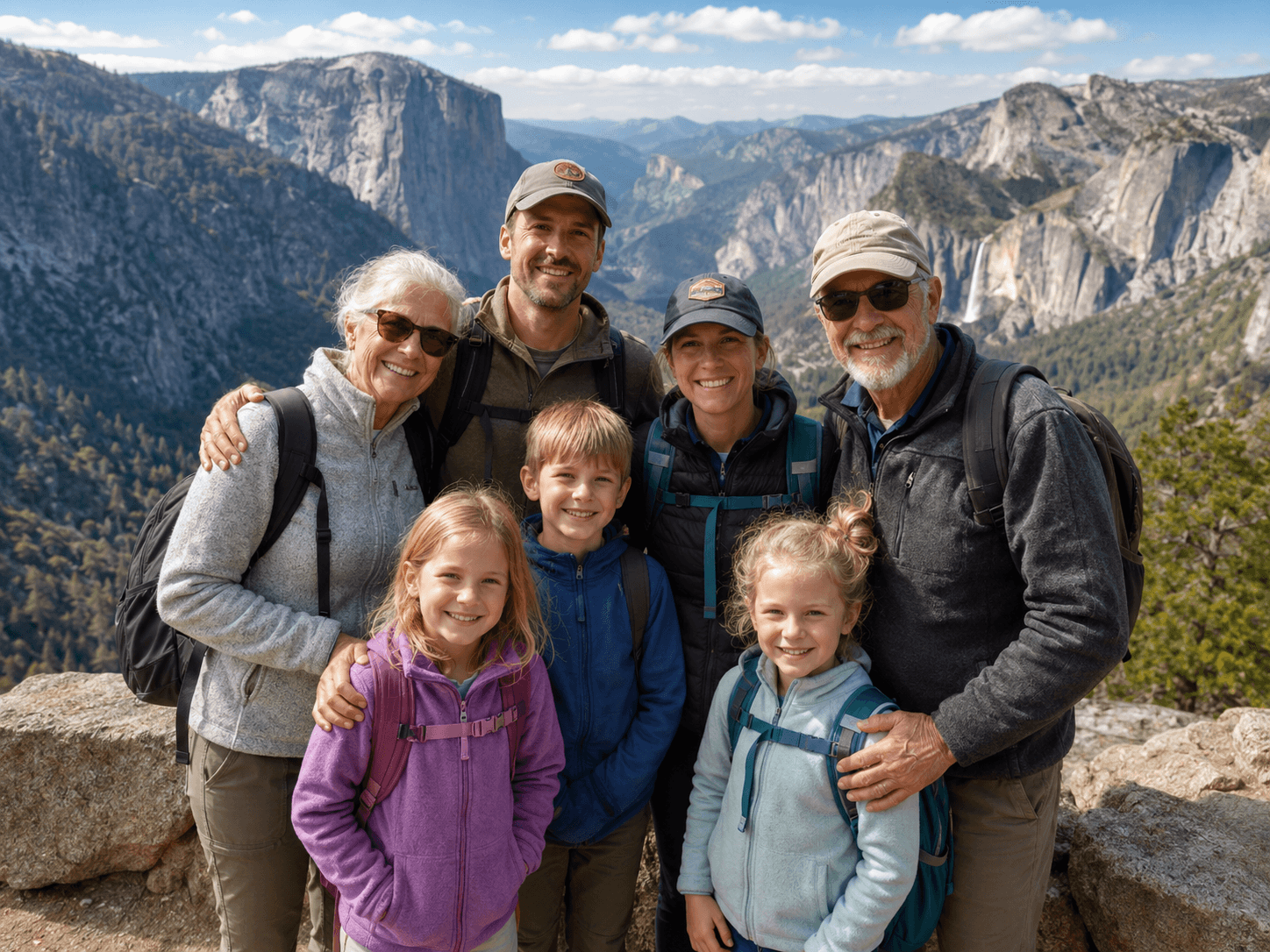 Grandparent and grandchildren hiking at a national park lodge on a multigenerational family trip