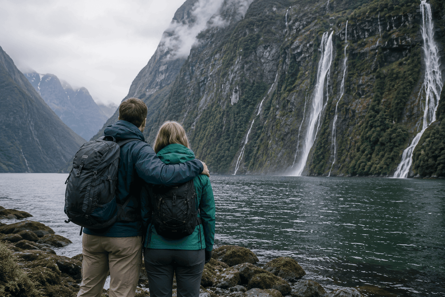 Milford Sound fjord in New Zealand with dramatic waterfalls and mountain peaks, a top active honeymoon destination