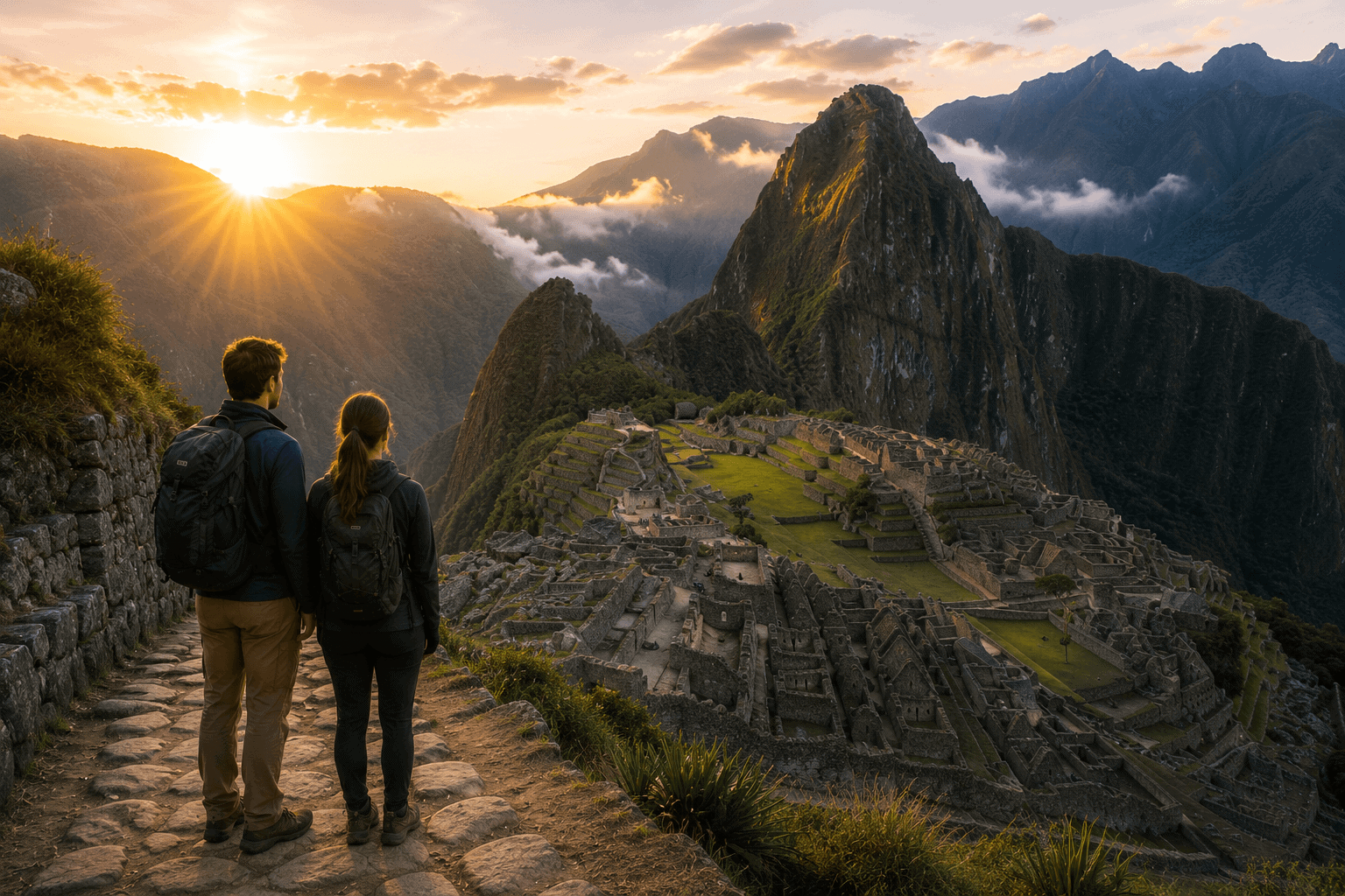 Couple arriving at Machu Picchu at sunrise via the Inca Trail, one of the best adventure honeymoon destinations in South America