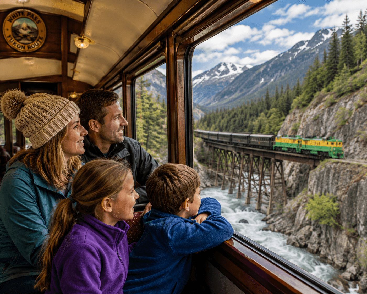 Family aboard White Pass and Yukon Route narrow gauge railroad in Skagway Alaska