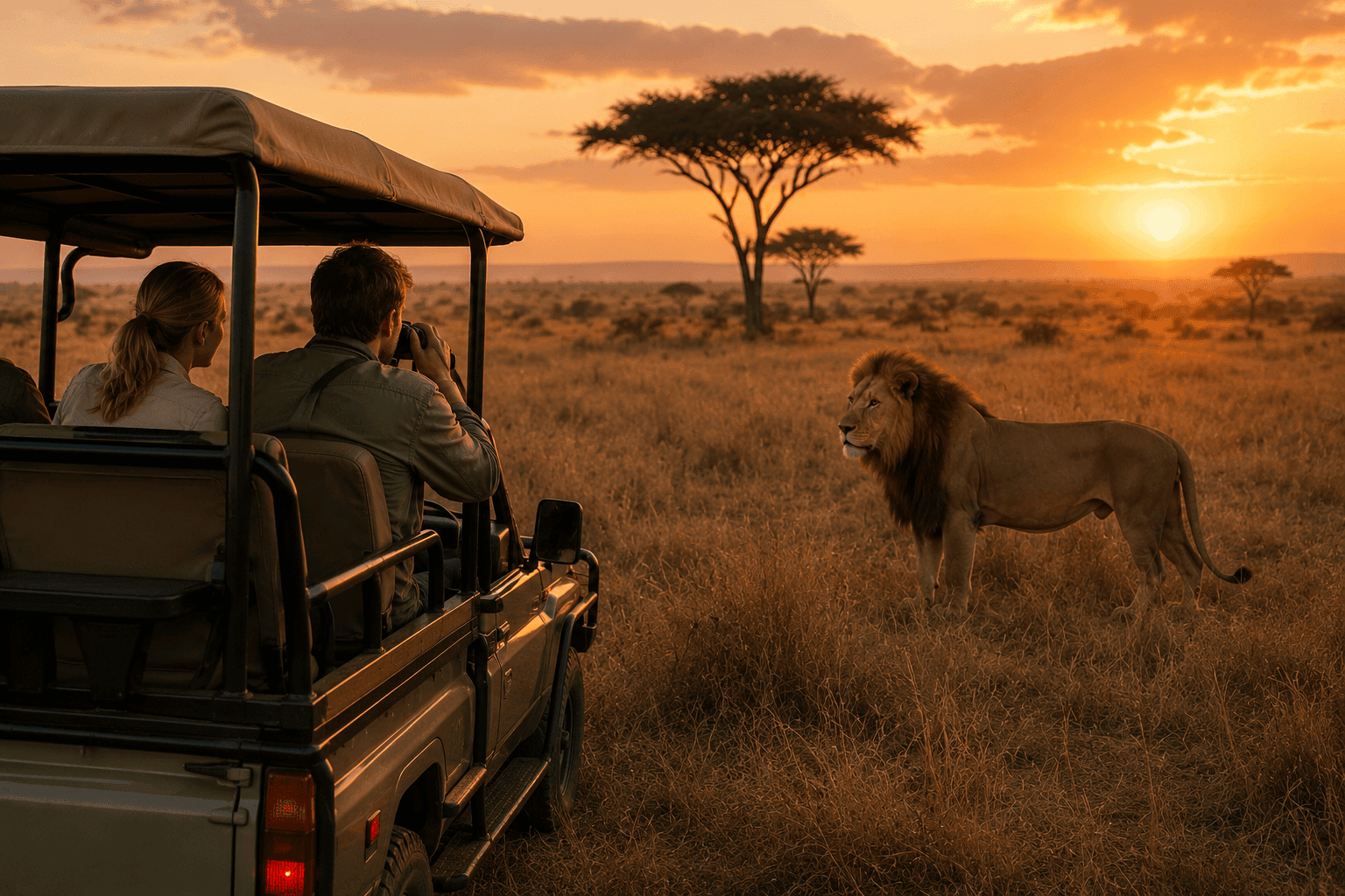 Couple on safari in the Serengeti watching wildlife at golden hour, Tanzania adventure honeymoon