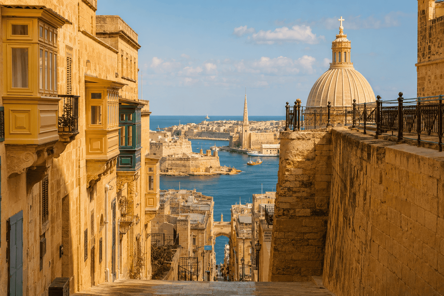 Golden limestone streets of Valletta Malta with the Grand Harbour visible in the background