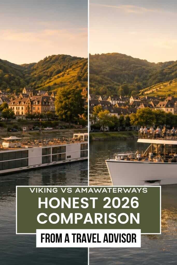 Pinterest pin for a Viking vs AmaWaterways comparison blog post, featuring a split image of two European river cruise ships sailing at golden hour with vineyard hills and riverside villages in the background.