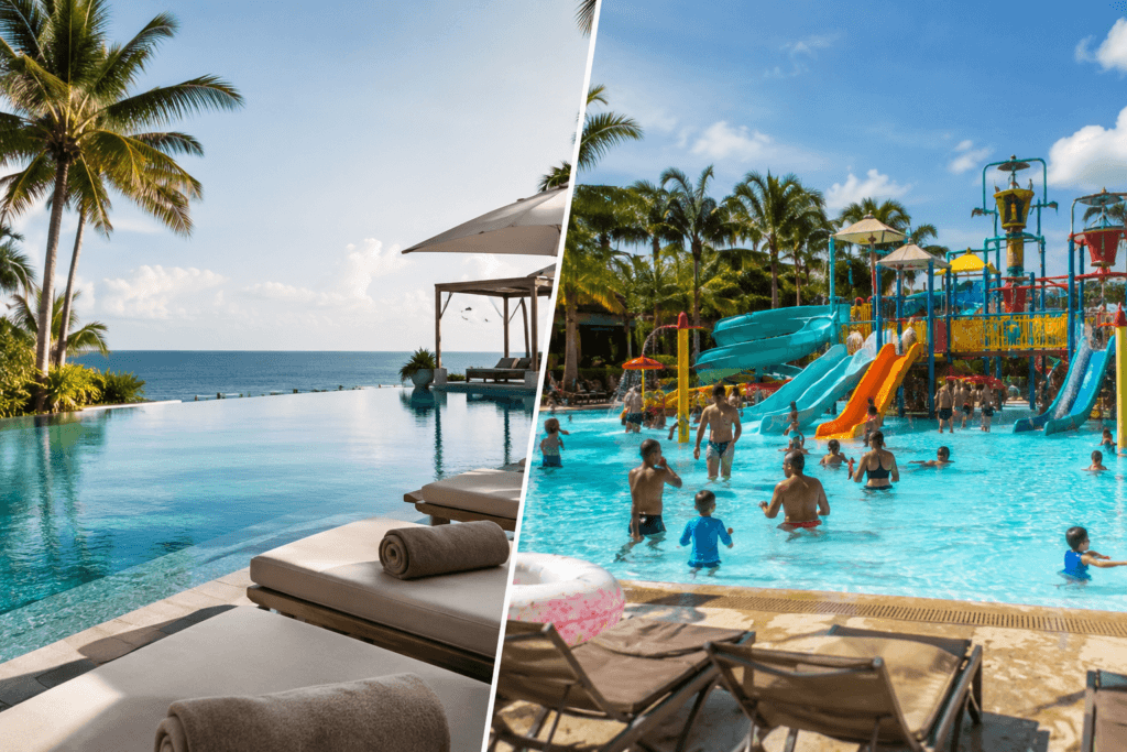 Split image comparing a quiet adults-only infinity pool with a lively family all-inclusive water park, adults only vs family all inclusive resort