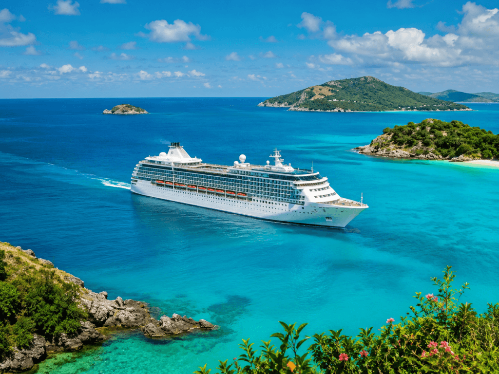Cruise ship sailing past a turquoise Caribbean bay, illustrating the best Caribbean cruise itineraries for 2027