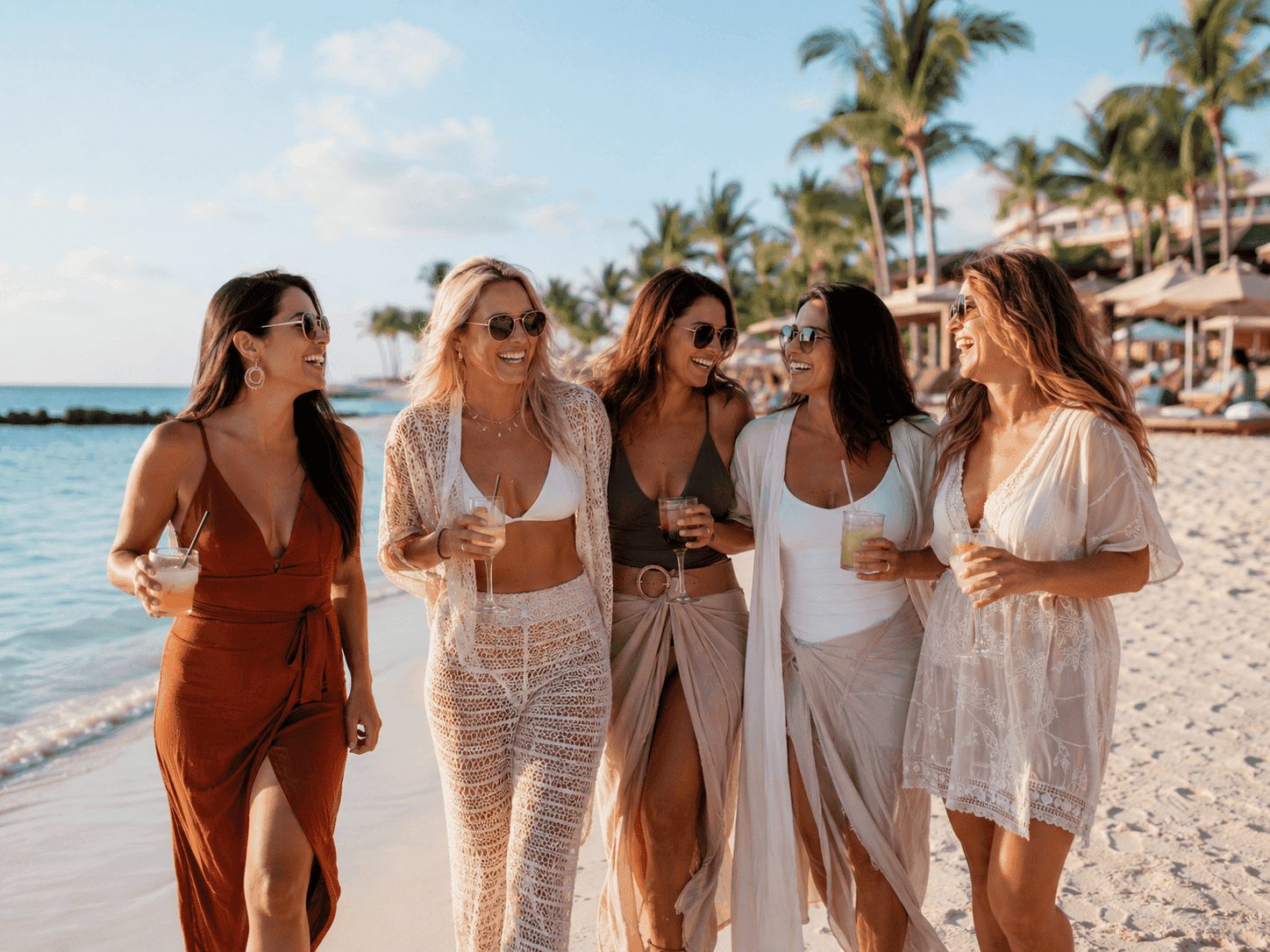 Group of women friends laughing on a beach at an all-inclusive resort during a fall girlfriend getaway