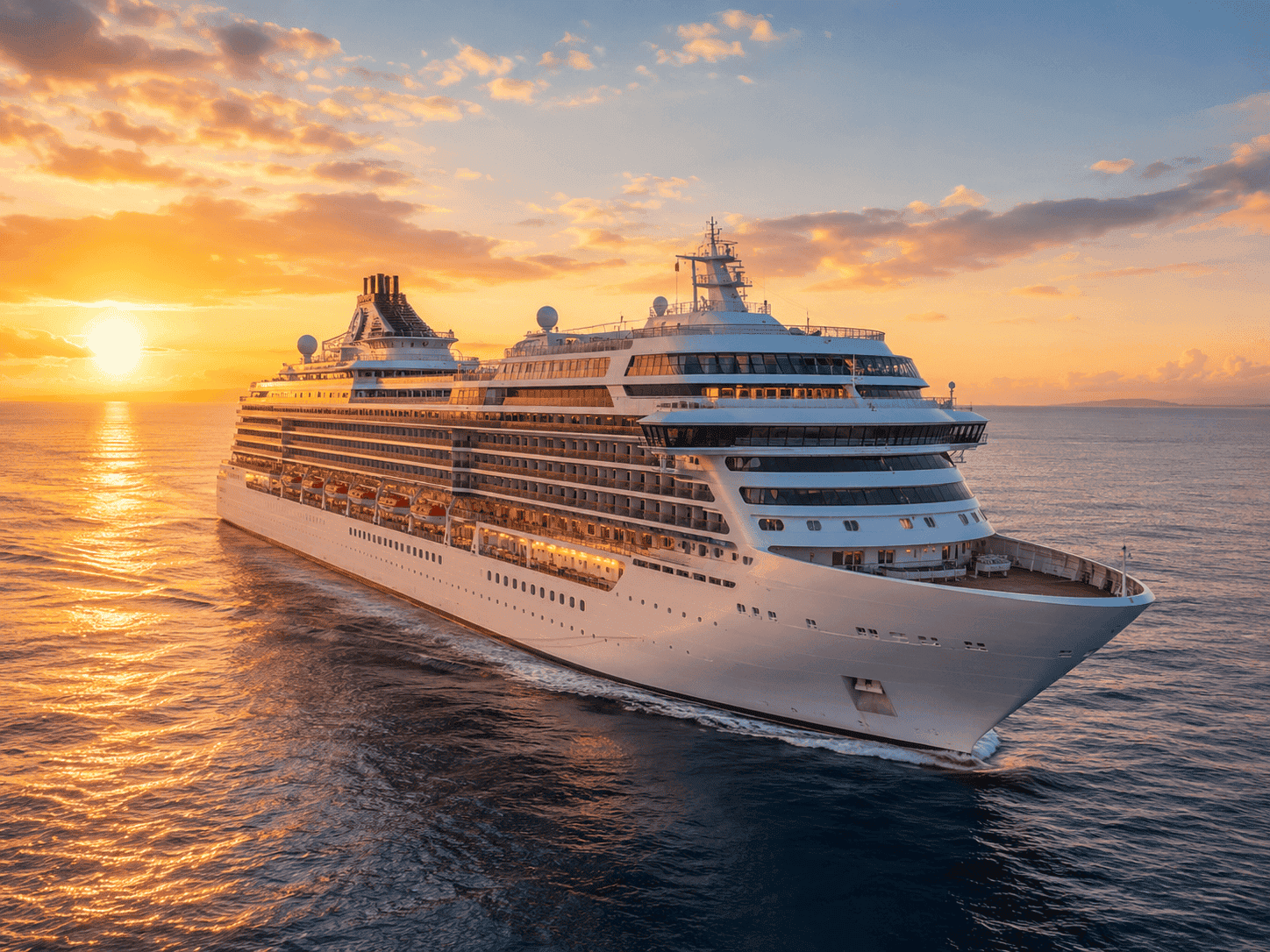 Cruise ship sailing at golden hour, representing the best time to book a cruise for 2027