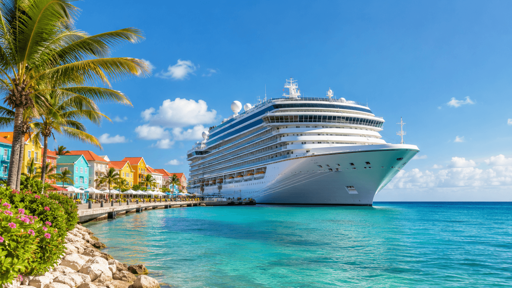 Caribbean cruise ship docked at a tropical port with turquoise water and clear blue