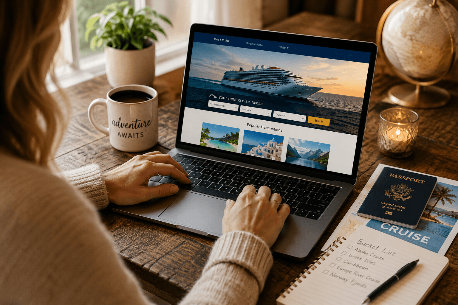 Person planning and booking a Caribbean cruise online during wave season with laptop and travel documents