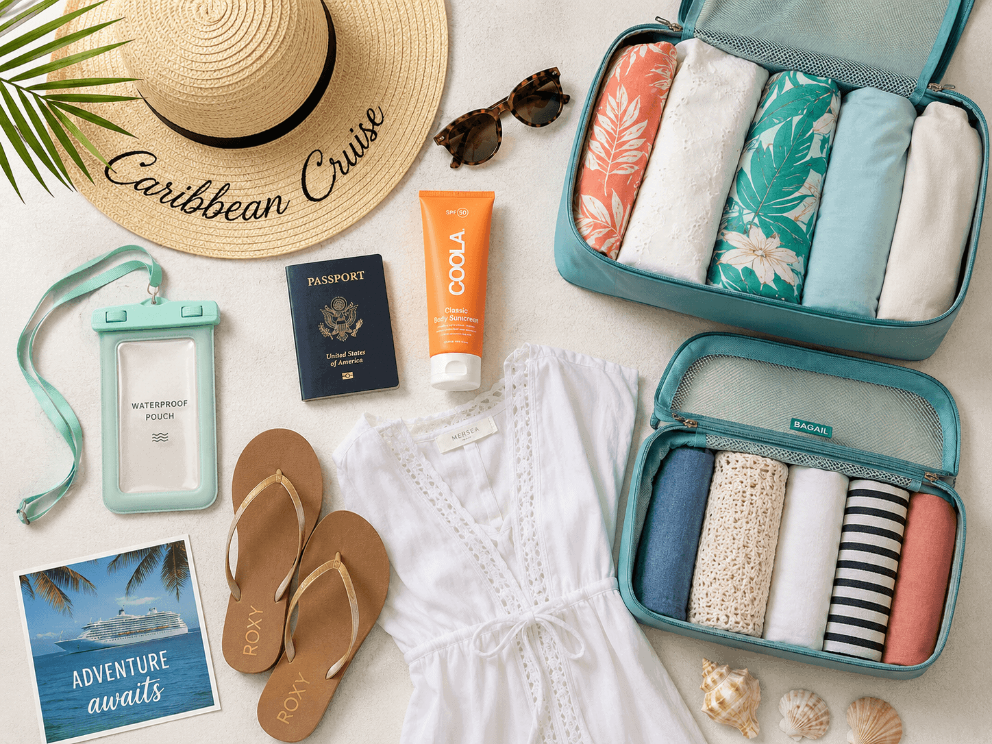 Caribbean cruise packing essentials laid out flat including packing cubes, reef-safe sunscreen, waterproof phone pouch, and sunglasses