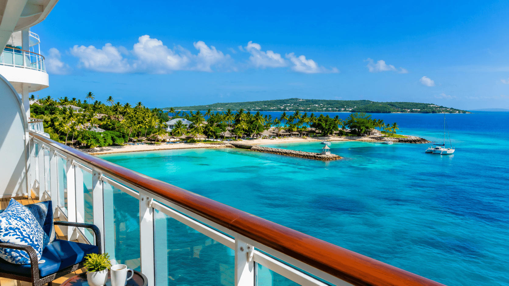 View from a Caribbean cruise ship balcony overlooking turquoise ocean water and tropical island