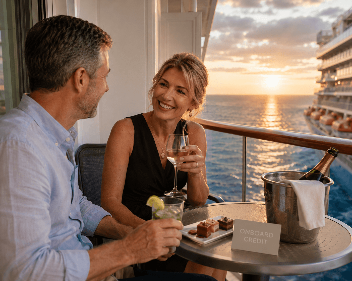 Couple enjoying onboard credit and drink package perks on a cruise balcony, an example of a cruise early booking discount