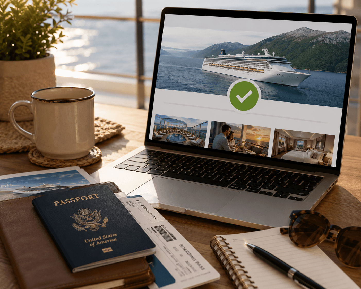 Travel documents and a laptop showing a cruise price guarantee confirmation for a 2027 booking