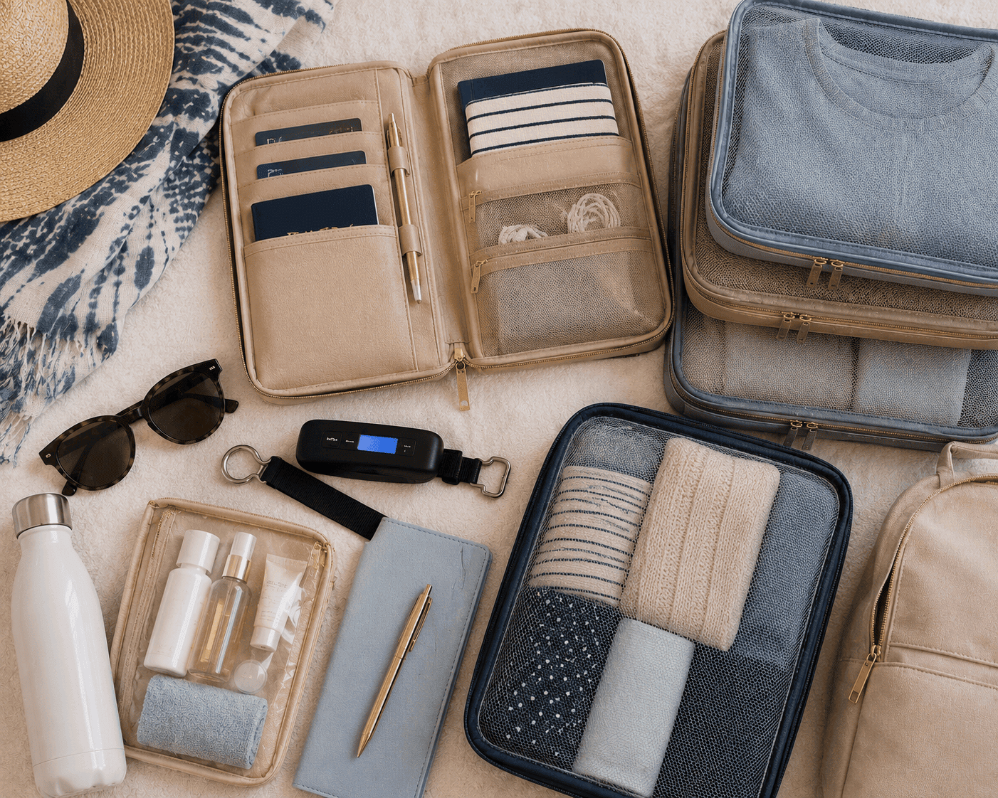 Flatlay of a travel document organizer, luggage scale, and packing cubes prepared for a 2027 cruise booking