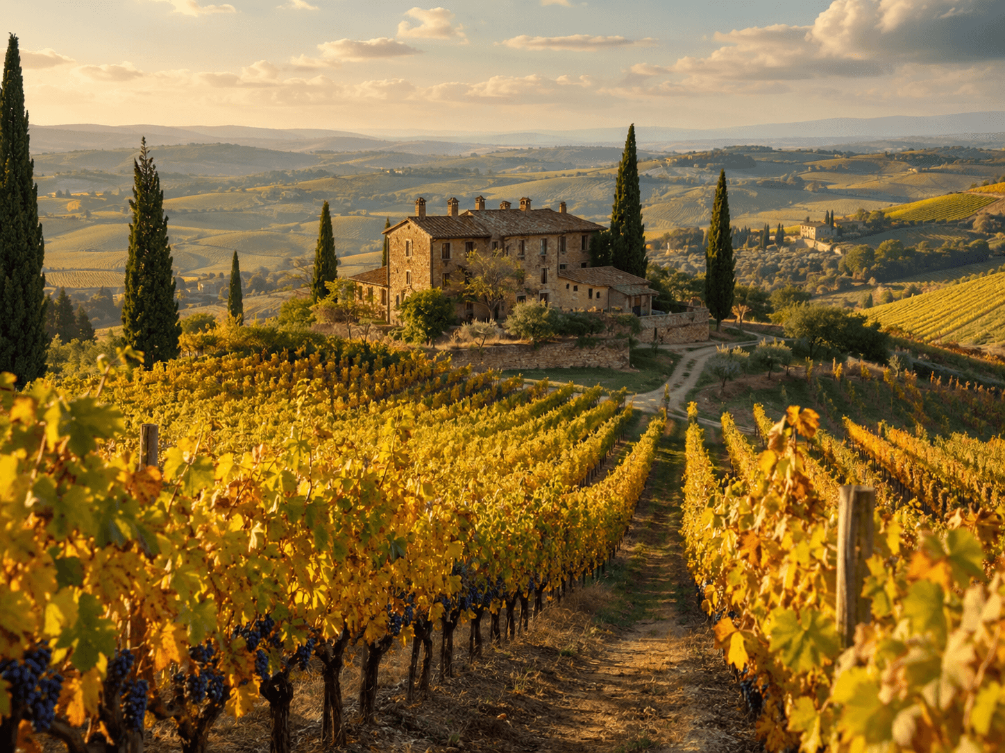 Golden vineyard rows during wine harvest season in Tuscany, a top fall destination for a European girlfriend getaway