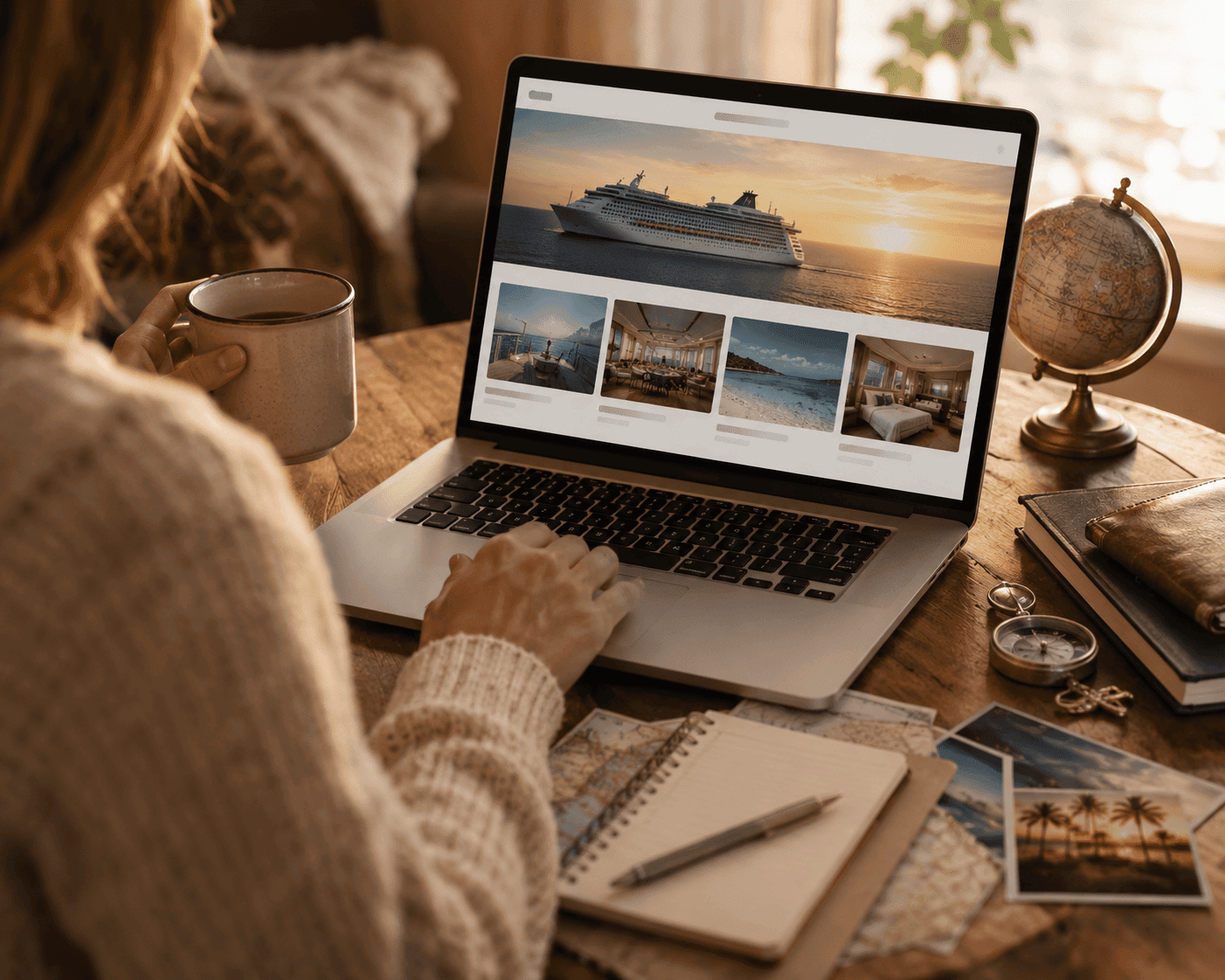 Traveler browsing fall Black Friday cruise deals on a laptop as part of a 2027 cruise booking strategy