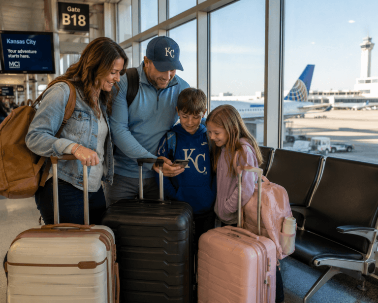 Kansas City family with luggage at MCI airport gate preparing for a family vacation