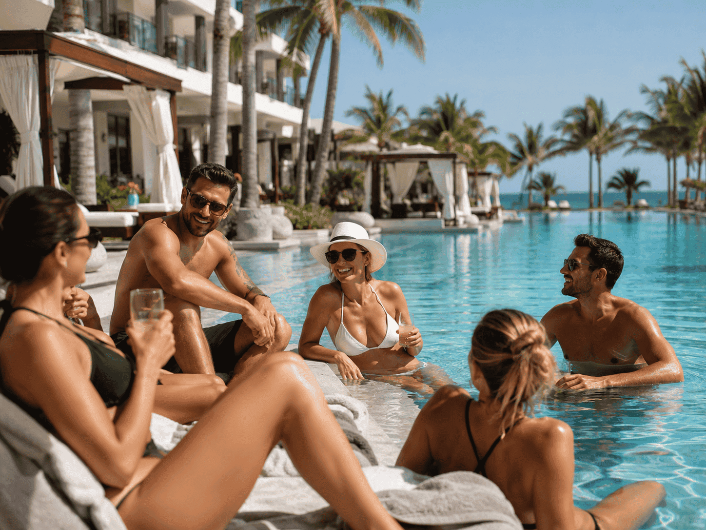 Group of travelers at an all inclusive resort pool coordinated by a group travel specialist